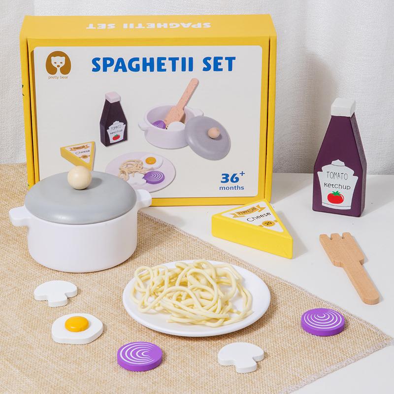 Wooden Simulation Food Spaghetti Cook Kitchen Pretend Play Makeup Barber Set Pasta Houseplay Roleplay Game for Kids Education