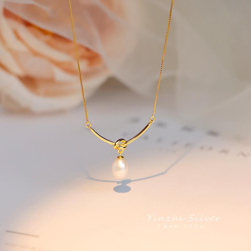 PONYKISS Real Sterling Silver Pearl Knot Choker Necklace for Fashion Women Classic Fine Minimalist Accessories