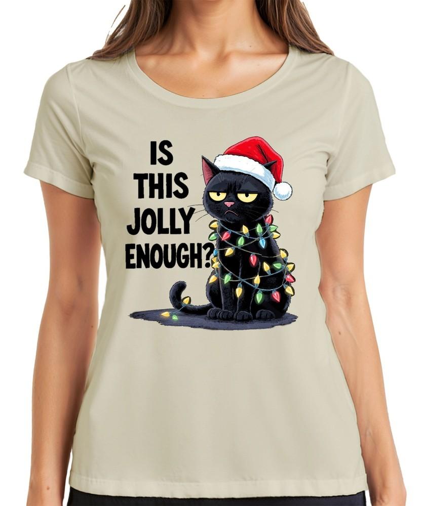 Is This Jolly Enough Christmas Cat Sarcastic Santa Hat Ladies TShirt