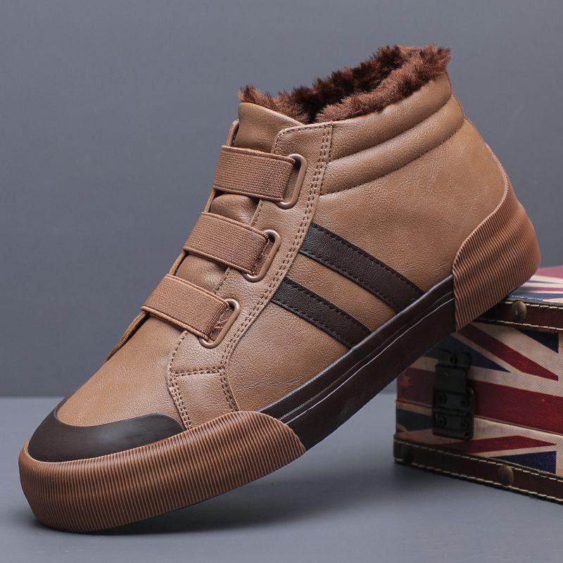 Men's Fleece-Lined Winter Slip-On Casual Leather Shoes - Korean Style, Non-Slip, Warm, Mid-Top Trendy Sneakers