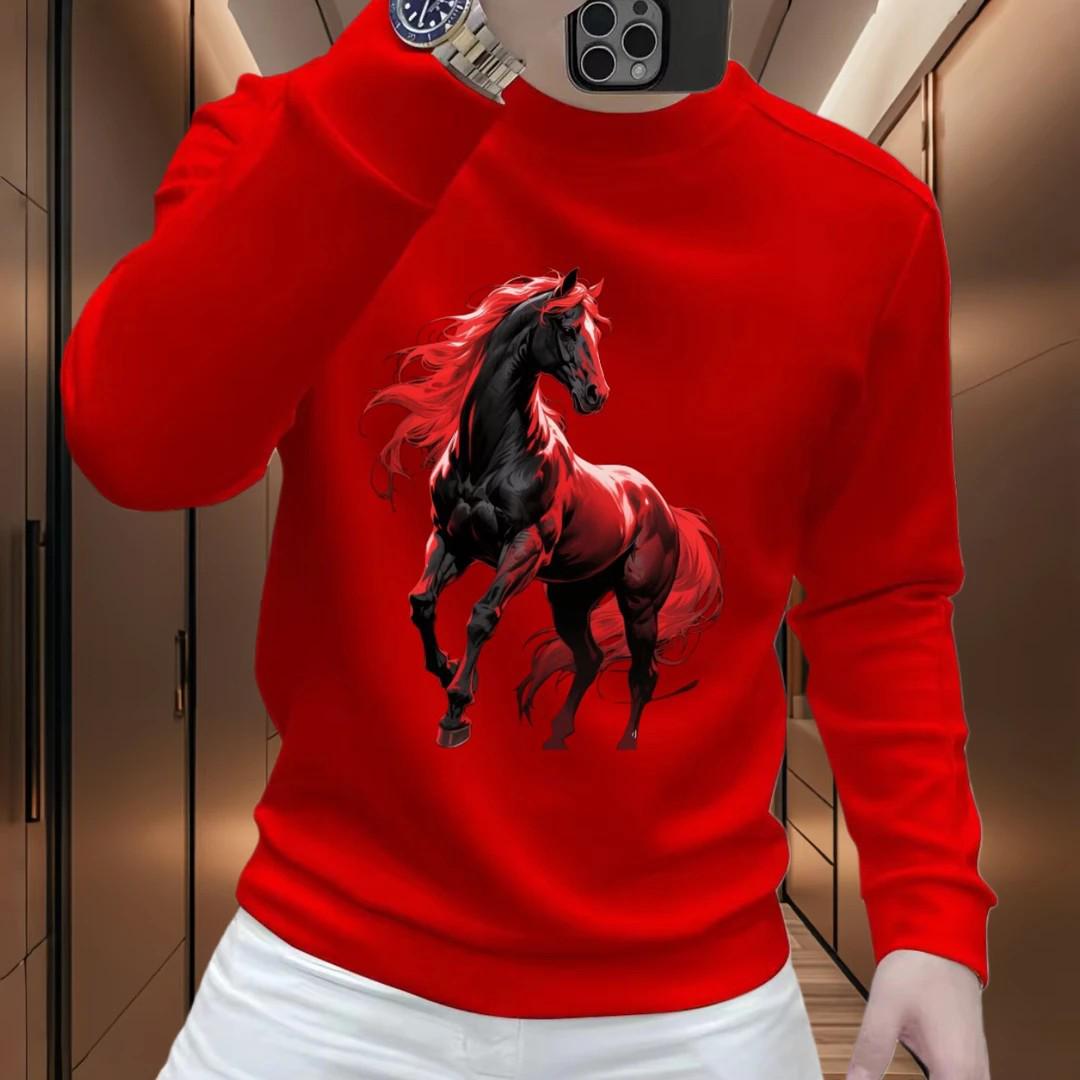 

Men s Autumn/Winter Long-Sleeve Hoodie, Plus Velvet Warm, Galloping Horse Print, Plus Size Trendy Base Layer, Year of the Horse Edition. 3XL