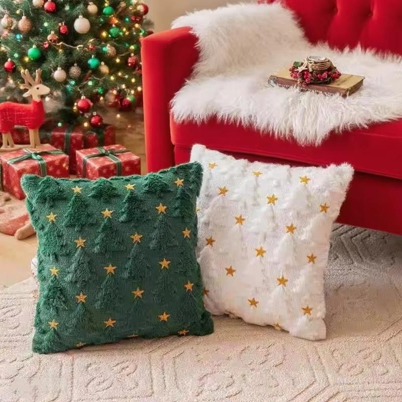Plush Jacquard Christmas Pillow Cover Soft Home Decor Christmas Living Room Sofa Throw Cushion Cover Embroidered Pillowcase