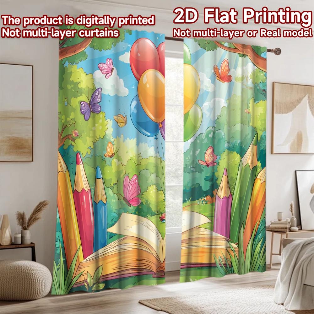 2D flat printing 2pcs Curtain Colorful Balloons Book Butterflies Nature Digital Printed Polyester Drapes Festive Wall Decor Use