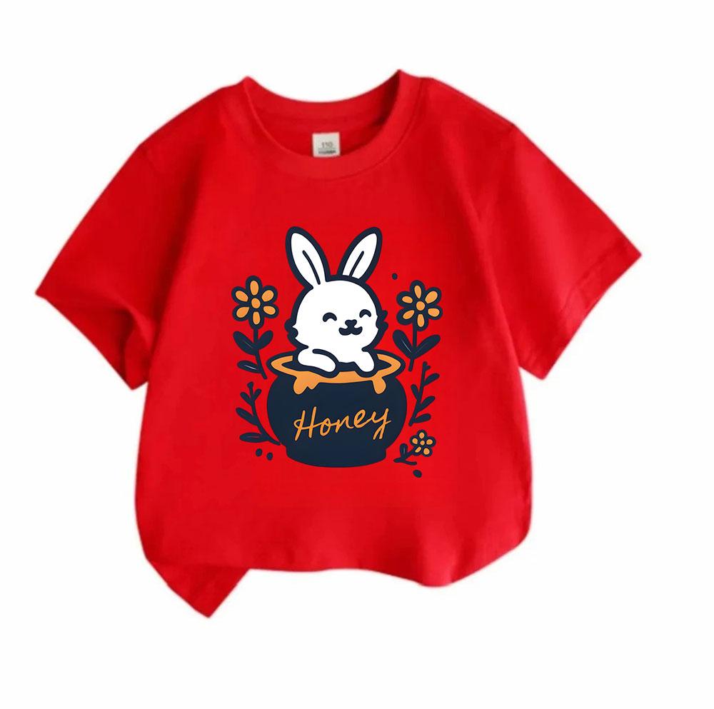 Kids Boys Girls 100% Cotton Crew Neck Short Sleeve T-Shirt, Cute Smiling White Bunny In Honey Jar Floral Print Casual Soft Tee for Children Daily Wear