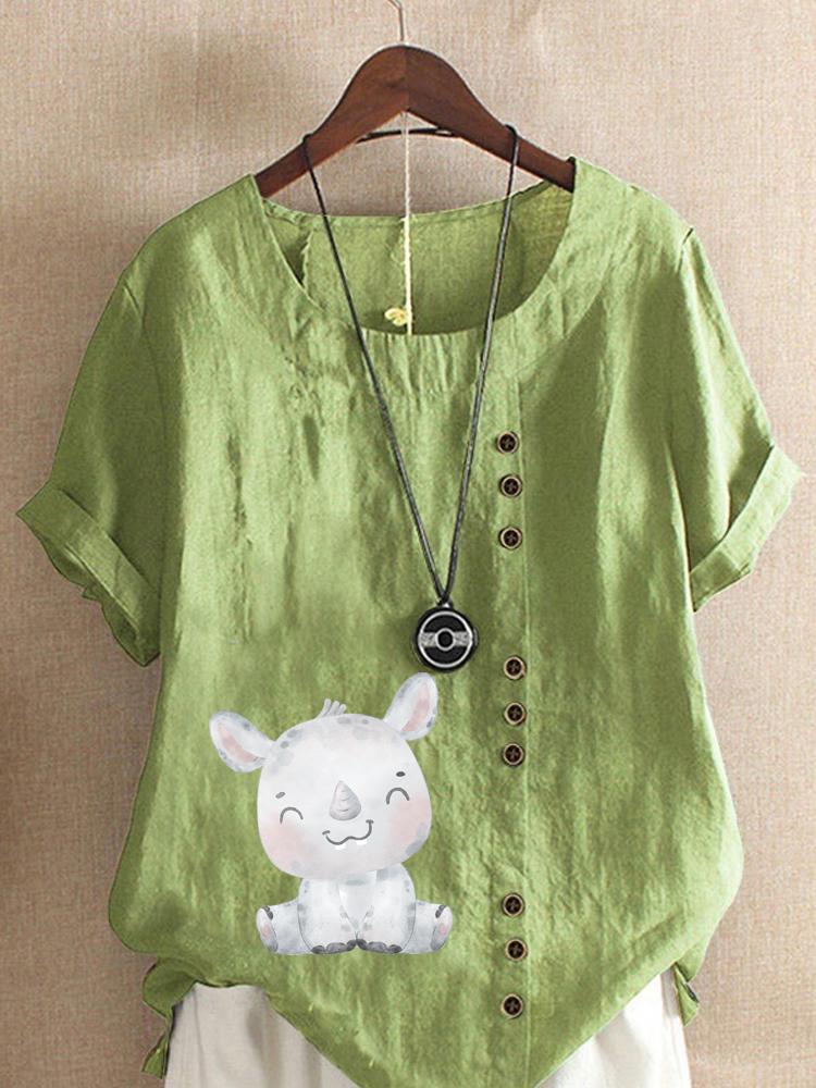Women s Fashion Cute Rhinoceros Print Shot Sleeve T-shirt Loose Cotton Shirt Casual Loose Summer Blouse Tops Plus Size 5XL зелёный