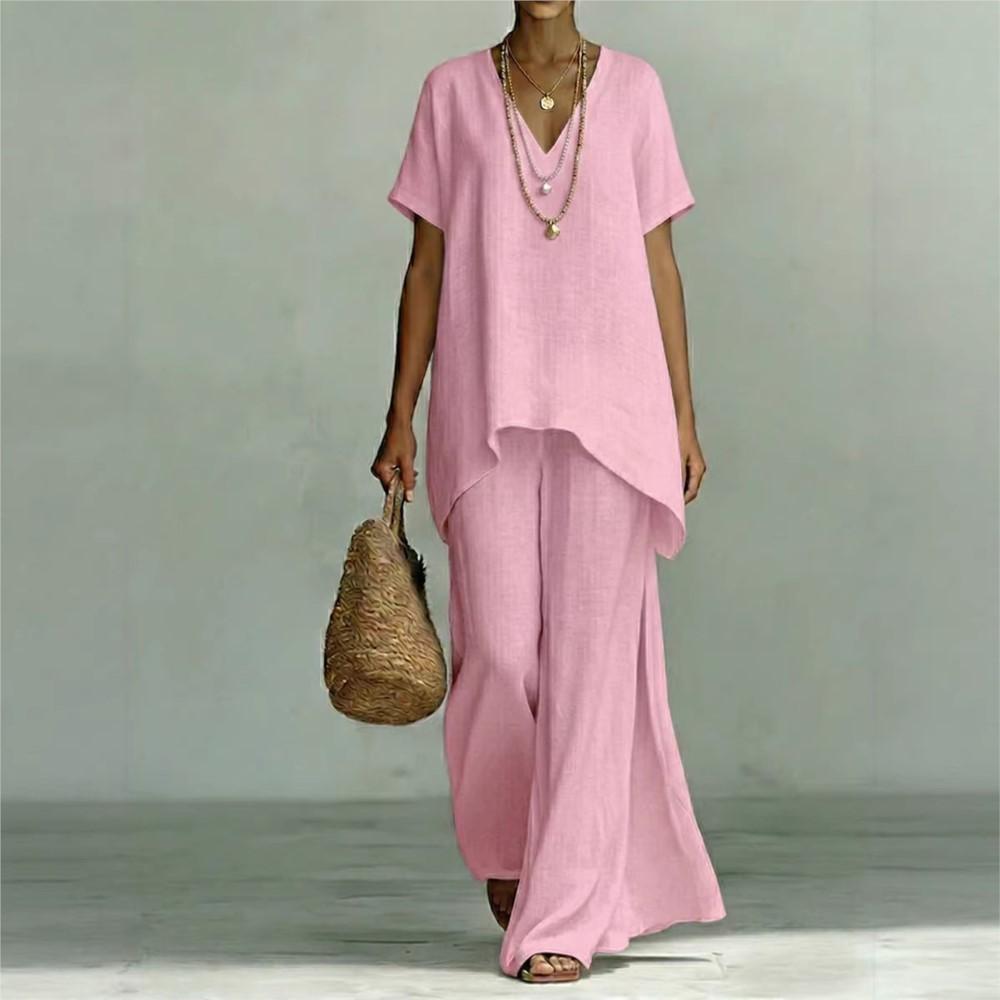 Fashion Loose Cotton Linen Short-sleeved Trousers 2 Piece Set Women Summer Casual V-neck Retro Female Wide-leg Trousers Suit