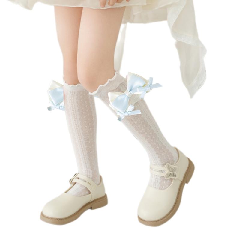 Stylish Knee Length Socks for Girls 3-12 Years Bowknot Trimmed Long Tube Socks Party Daily Wear Accessories
