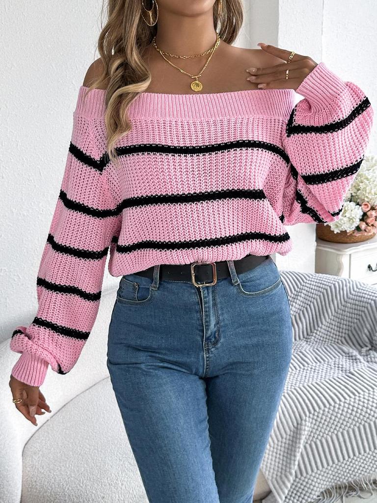 Autumn Winter Casual Striped Off-Shoulder Lantern Sleeve Pullover Sweater Women's Clothing