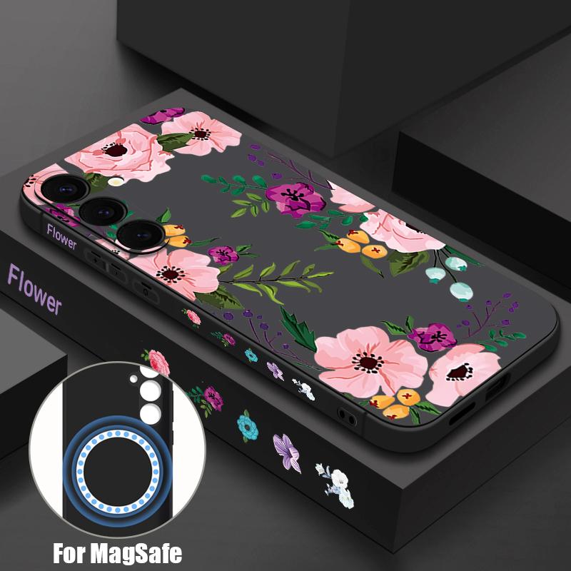 Peony Flower Case For Samsung Galaxy S25 S24 S23 S22 Ultra Plus S24 S21 FE For Magsafe Wireless Charge Magnetic Soft Phone Cover