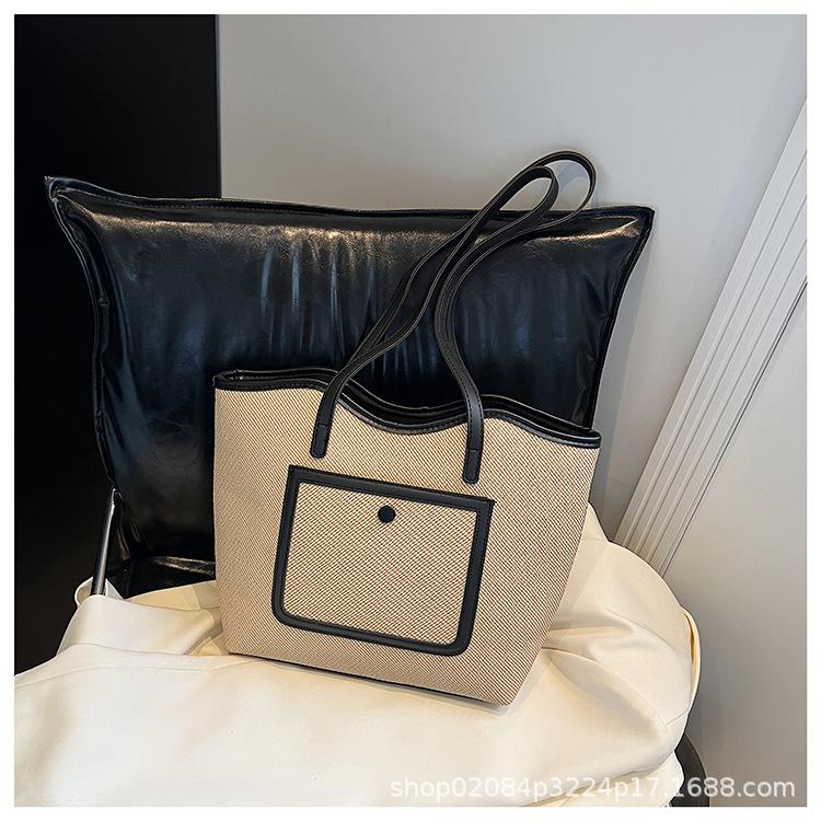 2025 new simple casual lazy texture commuter contrasting color splicing women's tote bag shoulder bag