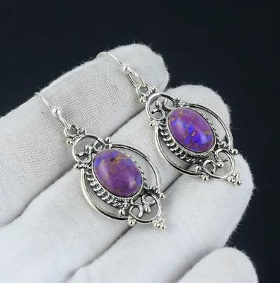 Natural Purple Copper Turquoise Earrings, Handmade Silver Earring, 925 Sterling Silver, Teardrop Turquoise Earrings, Dangle & Drop Earrings