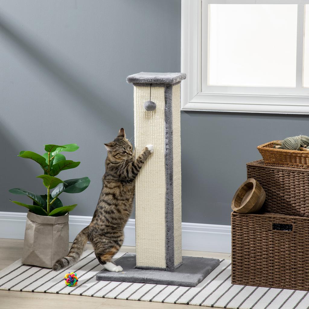 Cat Scratching Post with Ball, Sisal Pole and Plush Cover, 41x41x81 Cm, Grey