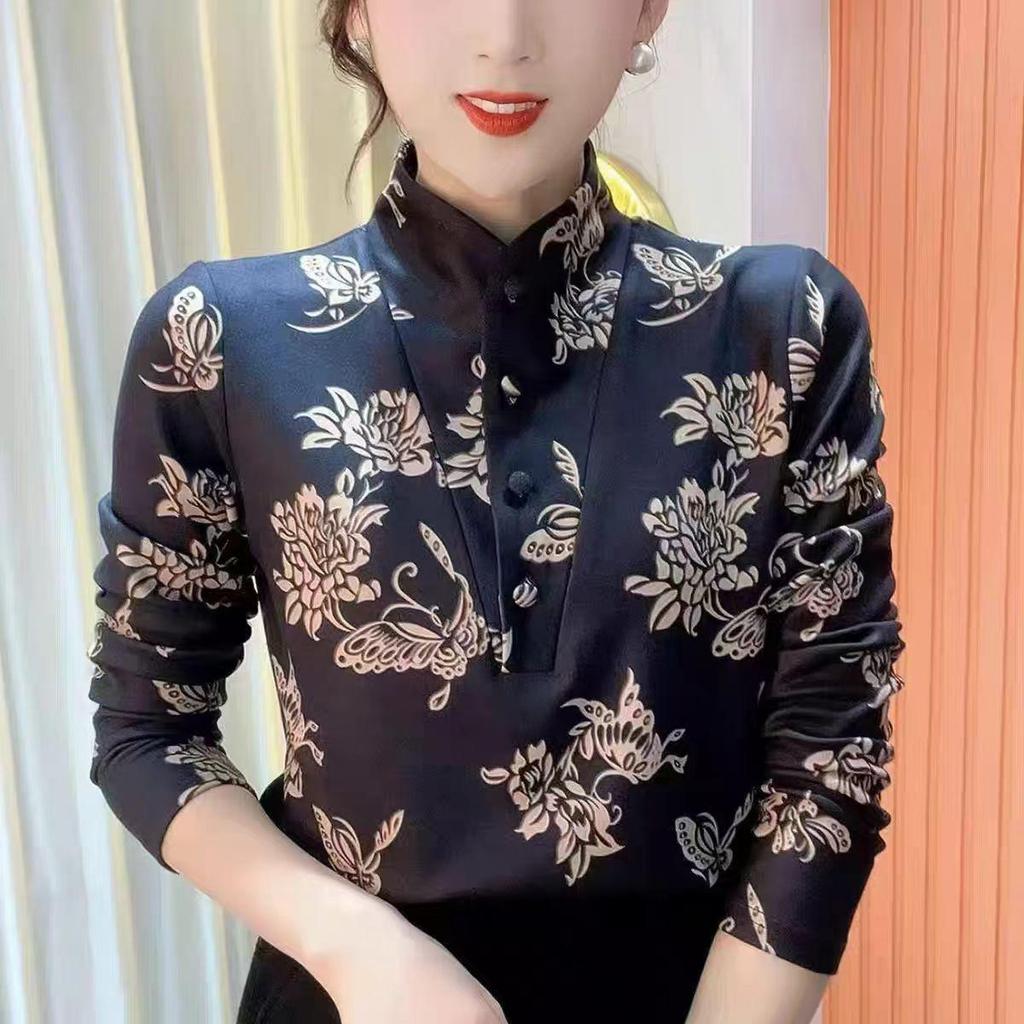 2024 Korean Style Stand-up Collar Fleece Slimming Blouse for Winter Moms