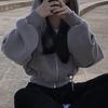 Vintage Korean Women's Oversized Zip Up Hoodie Jacket Long Sleeve Solid Color Harajuku Fashion Autumn Hooded Sweatshirt