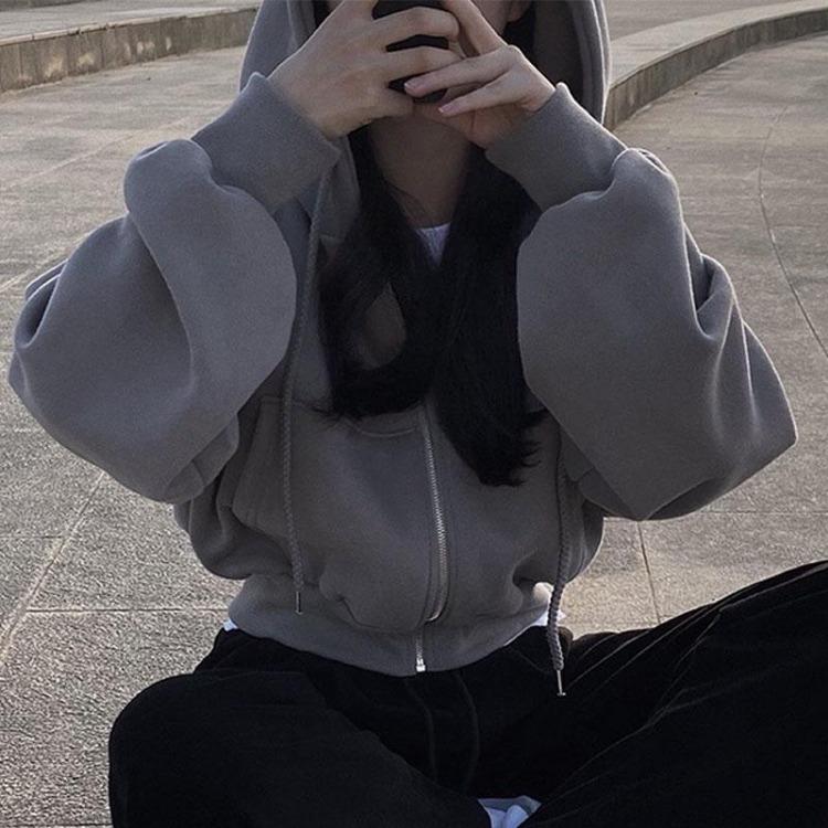 Vintage Korean Women's Oversized Zip Up Hoodie Jacket Long Sleeve Solid Color Harajuku Fashion Autumn Hooded Sweatshirt