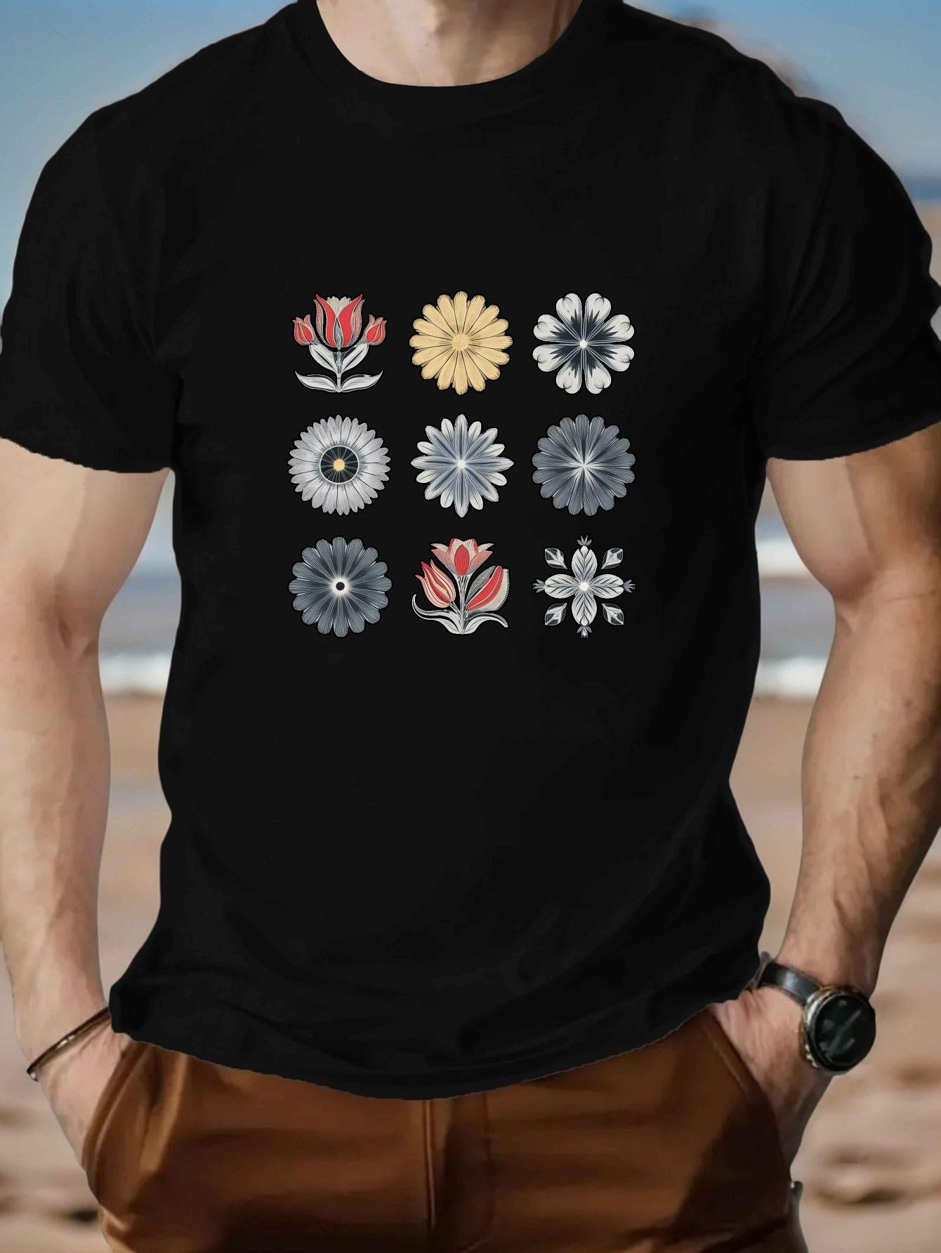 Black Cotton Floral Print T-shirt – Vibrant Daisy Design XXXXL