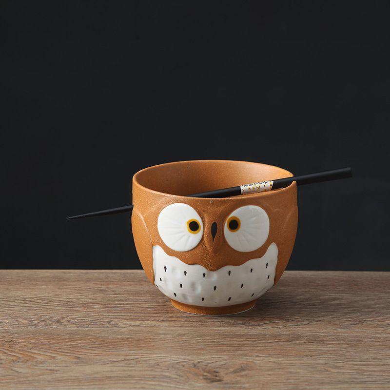BEPAN Japanese Owl Chopstick Bowl Single Tableware Household Instant Noodles with Perforated Ceramic Simple Rice Bowl