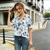 Women's Blue Floral Print Short Sleeve Button Down Shirt, Casual V-Neck Loose Blouse for Summer, Breathable Lightweight Top for Daily Wear & Vacation