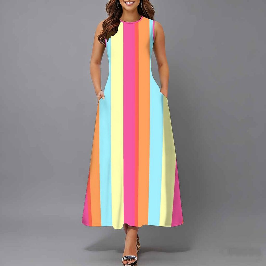Ladies Oversized Sleeveless Crew Neck Dress Vintage Floral Branch Printed Flowy Calf Length Dress
