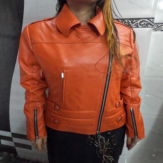 Noora Womens Lambskin Orange Leather Jacket | Stylish Motorcycle Biker Rider Jacket | Slim Fit Winter Party Jacket | Best Gift for Her