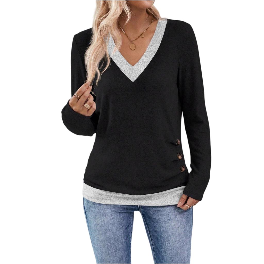 Women's Casual And Comfortable Three-button Color-blocked V-neck Long Sleeve