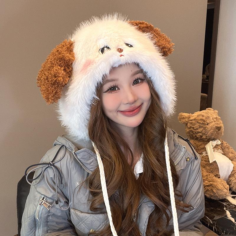 Cute New Puppy Plush Hat for Women with Versatile Color Matching Ears Cartoon Autumn and Winter Ear Protection Hat Showing Face Small Knitted Hat