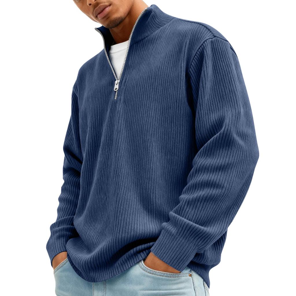 Men’s Ribbed Knit Pullover Sweater Quarter Zip Stand Collar Long Sleeve Casual Loose Fit Top