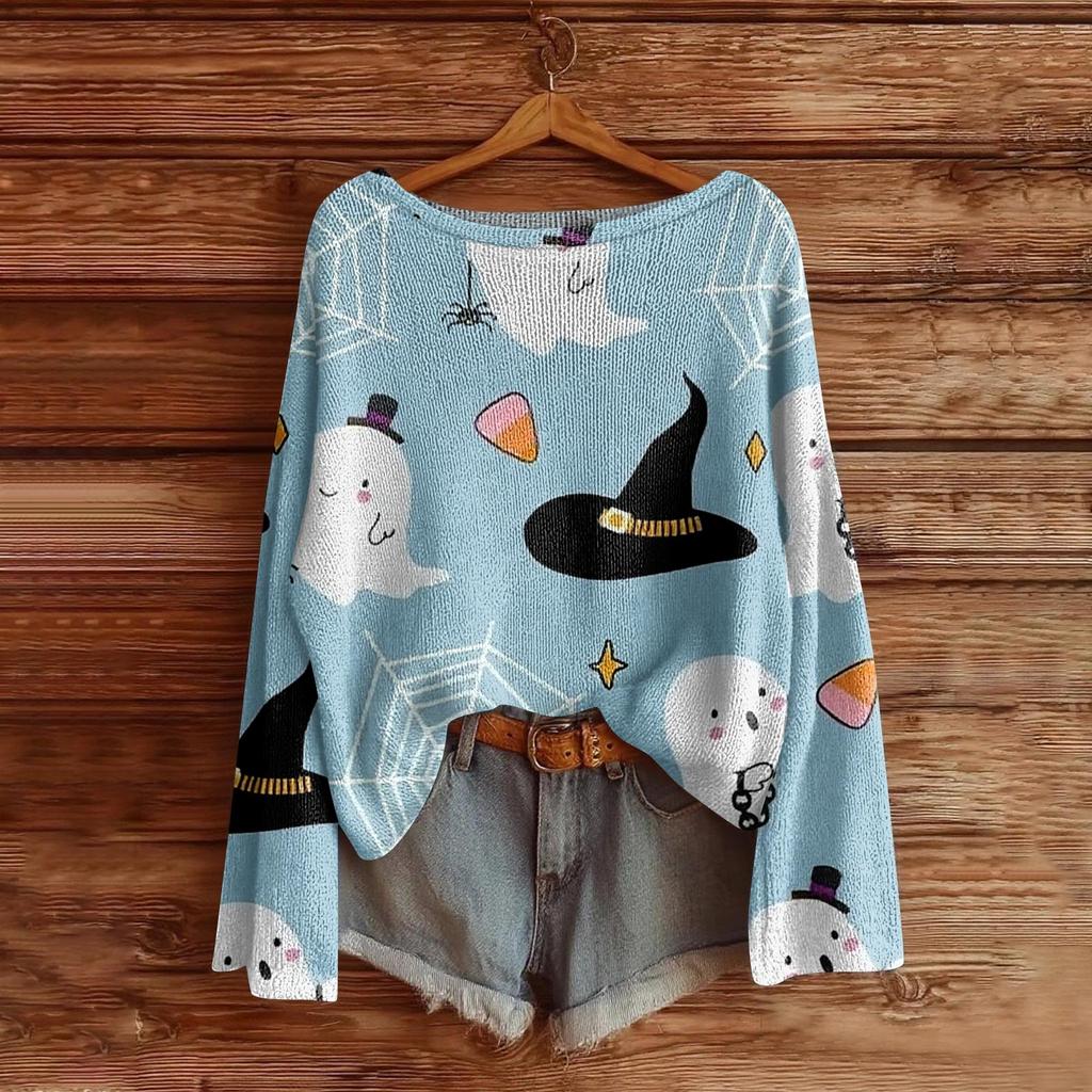 Women's Halloween Sweater, Bohemian Vintage Pattern Print Long Sleeve Knit Pullover