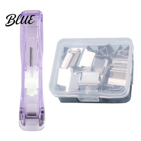 Reusable Binder Clips Paper Clip Stapler Portable Dispenser No Hole Punching Pusher with 50 Refillable Transparent Metal Office School Supplies Home