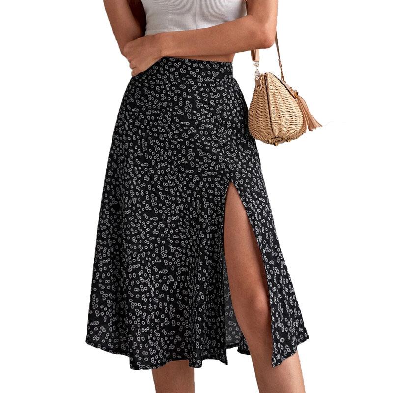 Spring Summer Women s Versatile Floral Zipper Split A-line Skirt XS чёрный