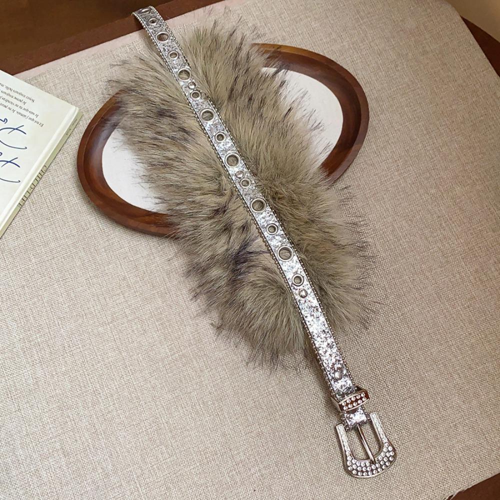 

Rhinestone Leather Fur Belt Punk Y2K Plush Waist Belt Vintage Furry Waistband Dress Decoration