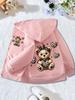 Kids Black Zip Up Hoodie Leopard Print Bear And Heart Graphic Front And Back Pattern Long Sleeve Pocket Girls Hooded Jacket