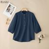 ZANZEA Women Casual Round Neck Solid Color 3/4 Sleeve Cotton Blouse