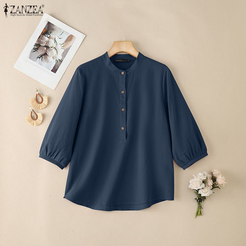ZANZEA Women Casual Round Neck Solid Color 3/4 Sleeve Cotton Blouse