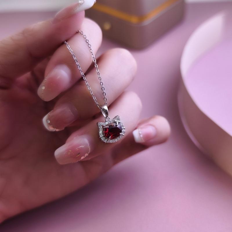 S925 Sterling Silver Pendant Necklace Natural Garnet Crystal High Grade Clavicle Chain Gift