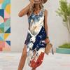 Women Plus Size U Neck Sleeveless Starry Printed Dress Red Blue White High Side Slit Curved Hem