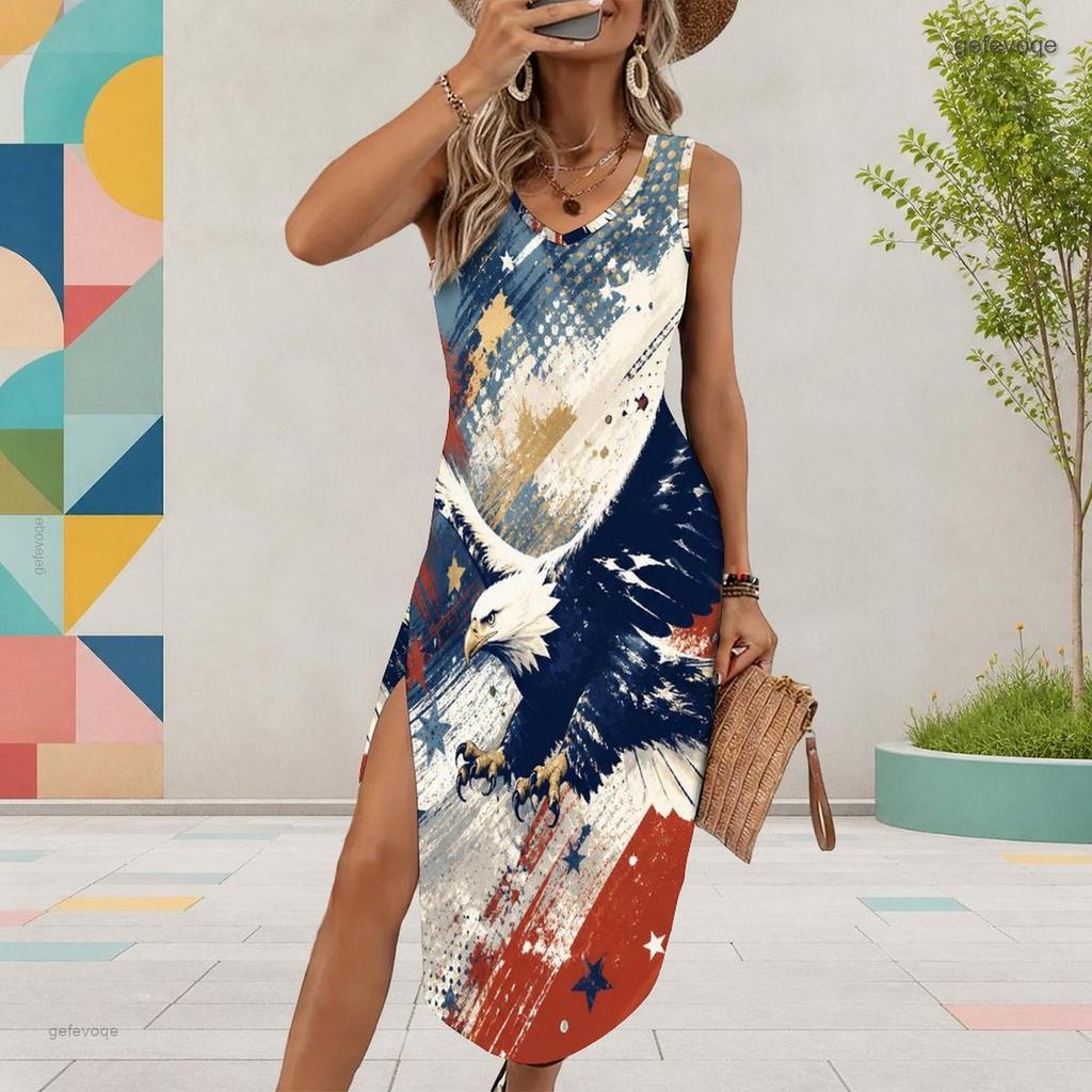 Women Plus Size U Neck Sleeveless Starry Printed Dress Red Blue White High Side Slit Curved Hem