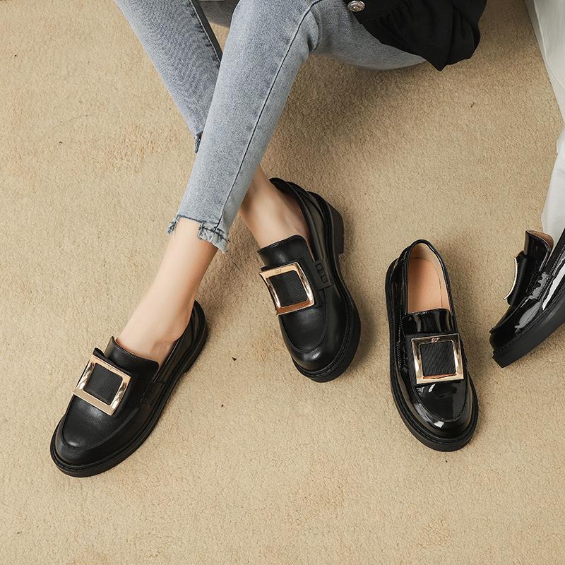 Rhinestone square buckle platform small leather shoes women's British style retro single shoes round head muller shoes Mary Jane shoes