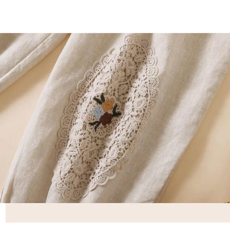 Women's Spring/Summer Vintage Embroidered Patchwork Lace Pants Japanese-Style Tapered Capri Pants