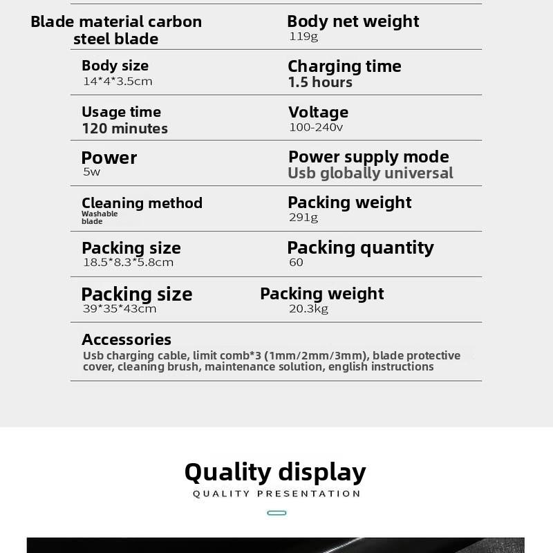 Professional Men's Rechargeable Electric Hair Clipper with Stainless Steel Blades USB Charging and Plug-in Function  Large Battery  Washable