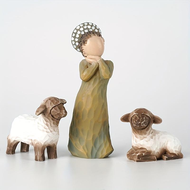3pcs/set Shepherdess Decoration, Mini Carved Hand Painted Nativity Figure For Christmas Decoration, Resin Shepherdess