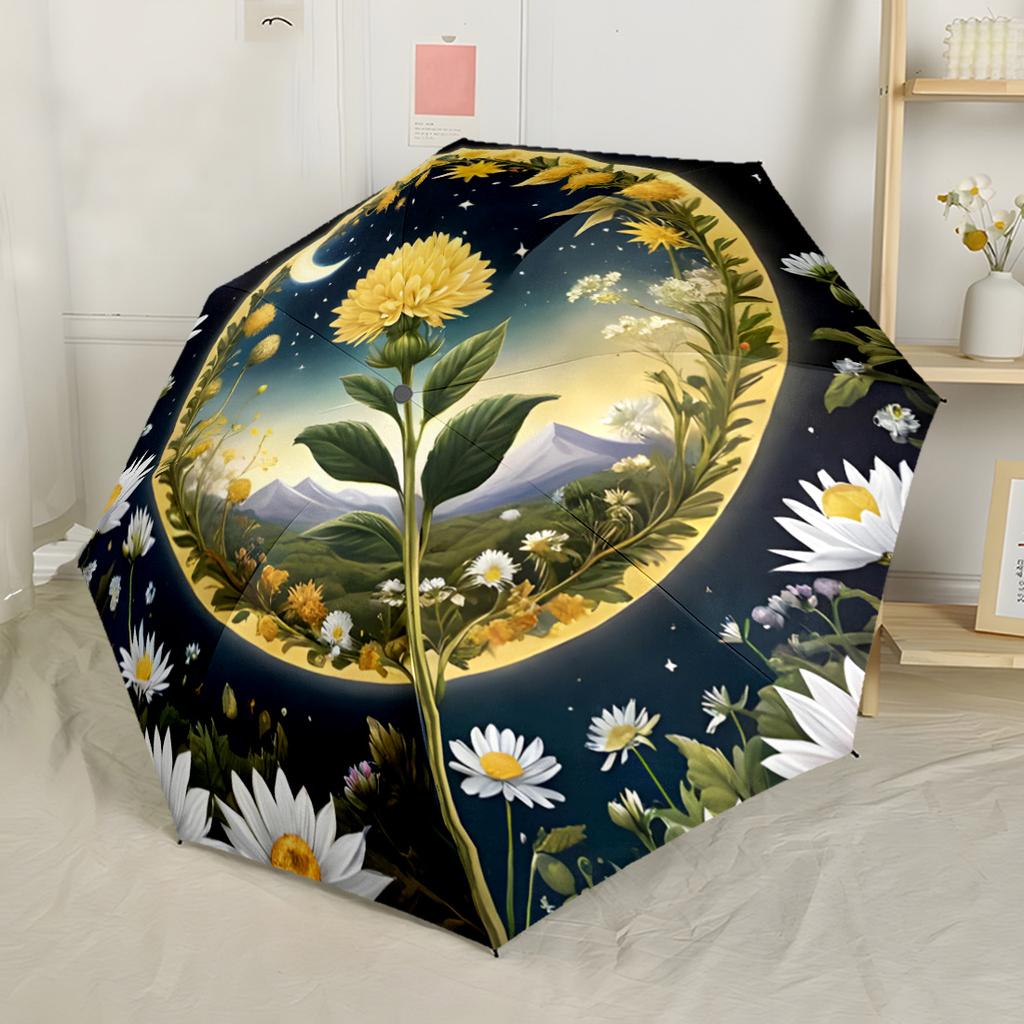 Fantasy Lotus Pond Automatic Umbrella Compact & Durable 8-Rib Design Sturdy Construction Travel Essential Compact Folding Umbrella