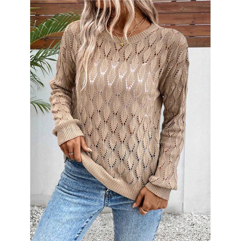 Women's Hollow Knitted Irt Thin Bat Sve Loose Fit Long Sve Round Simple Spring Faion Casual Wear