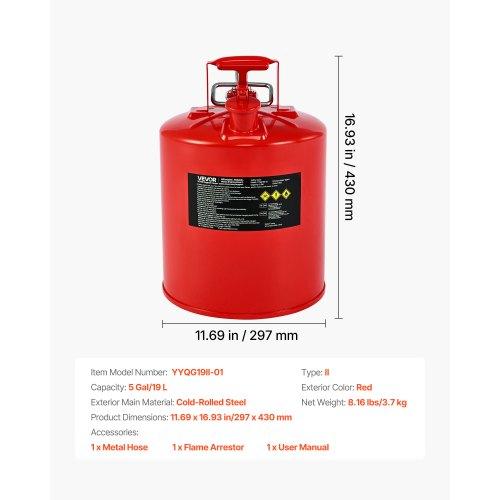 VEVOR Safety Gas Can, 19 L Type II Red Safety Can for Gasoline with Stainless Steel Flame Arrester, Self-Closing Lid, and Flexible Metal Spout
