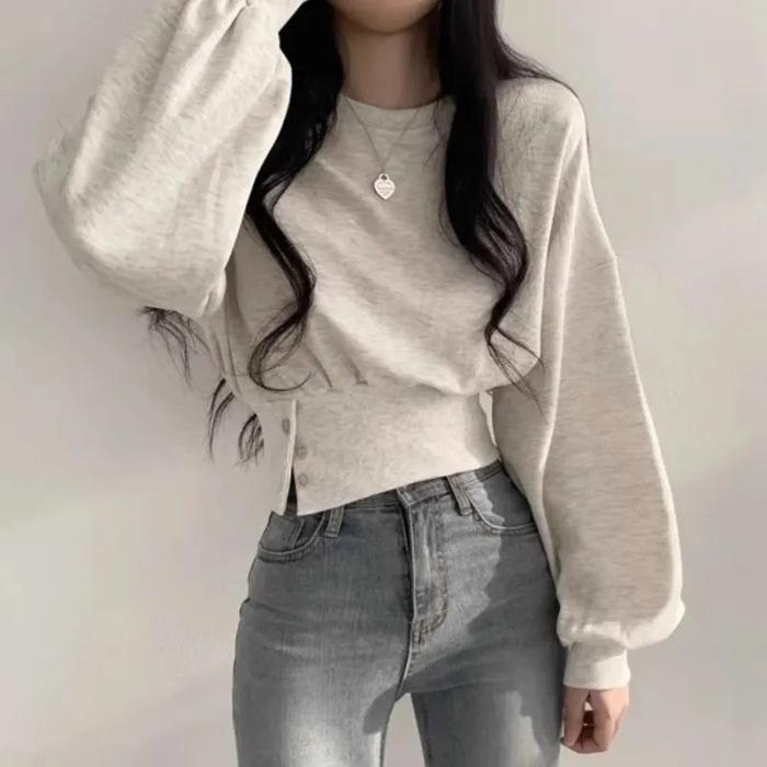 

Korean autumn niche design sense round neck button-down long sleeve short pullover sweater top women One size fits all светло-серый