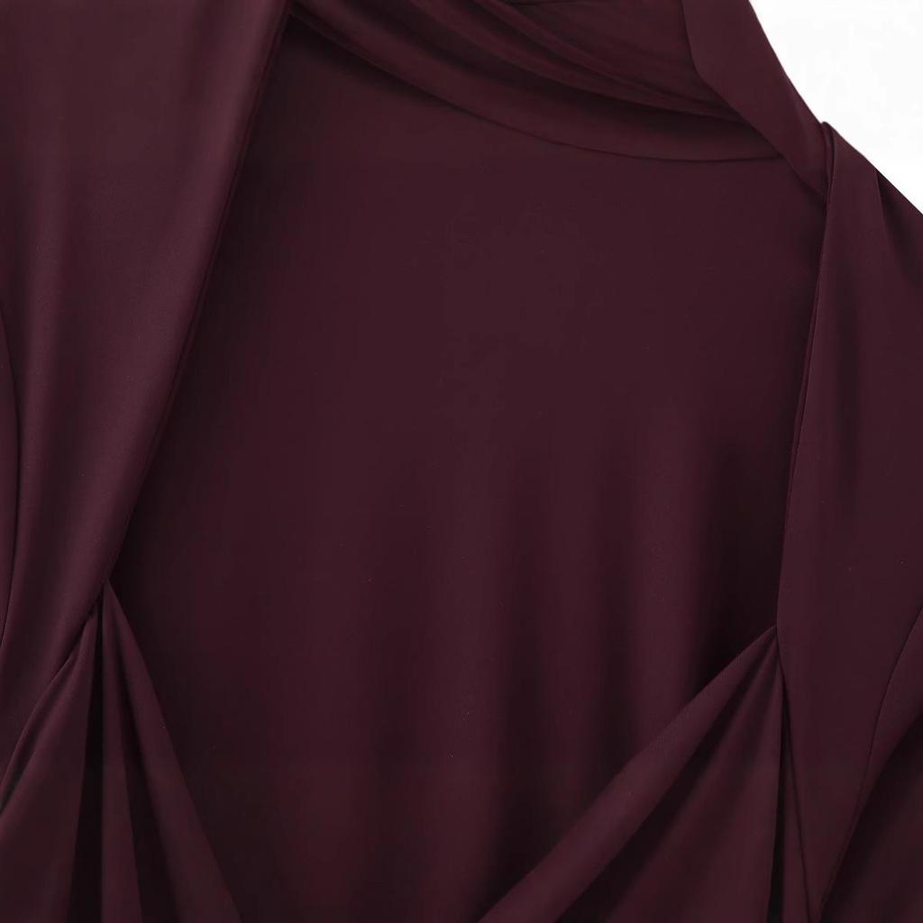 2025 Spring Women's European & American Style Cowl Neck Pleated Long Sleeve Nylon Top