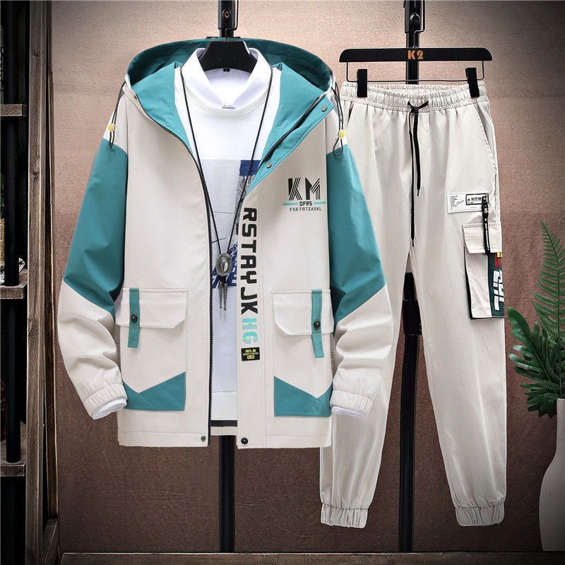 Men's Autumn Casual Sets Two Pieces Trend Hooded Jacket + Pants Spring Fashion Korean Baseball Uniform Suit Man Outfit