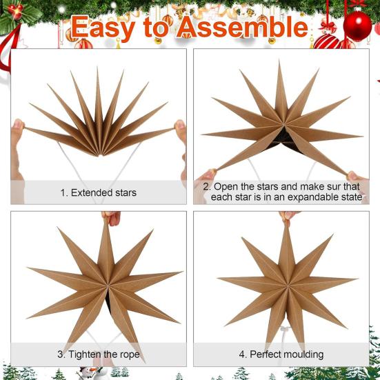 5Pcs Star Lanterns 12-Inch Paper Christmas Ornaments 9 Pointed Hanging Lamp Lampshades Vintage Farmhouse