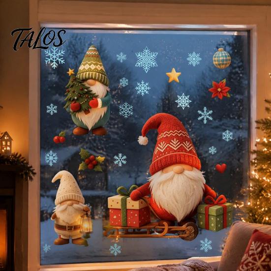 Indoor Window Art Christmas Gnome Cling, Waterproof Snowflake Glass Decal, PVC Decals Faceless Dwarf Static Sticker for Holiday Decoration Winter Home