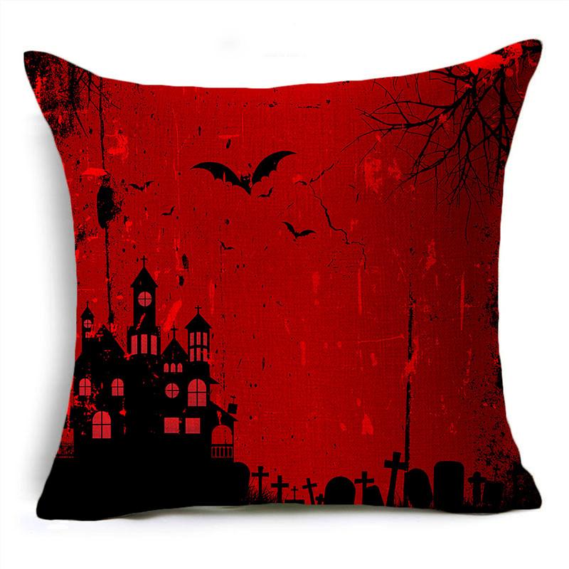 Red Halloween Night Moon Graveyard Bat Scarecrow Linen Throw Pillowcase Decorative Cushion Cover For Sofa Living Room Party